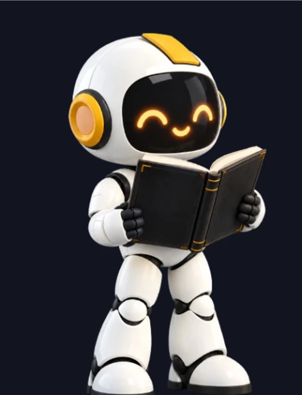 Pryn robot reading a guidebook